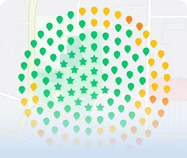A local search ranking grid showing green pins where the business ranks well