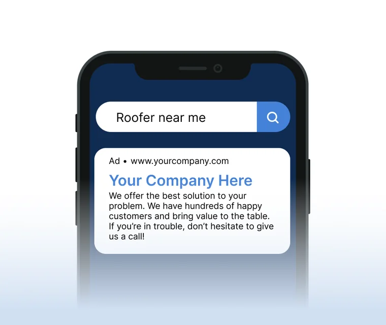 A phone showing a search for a roofer near me, with a paid ad at the top of the results