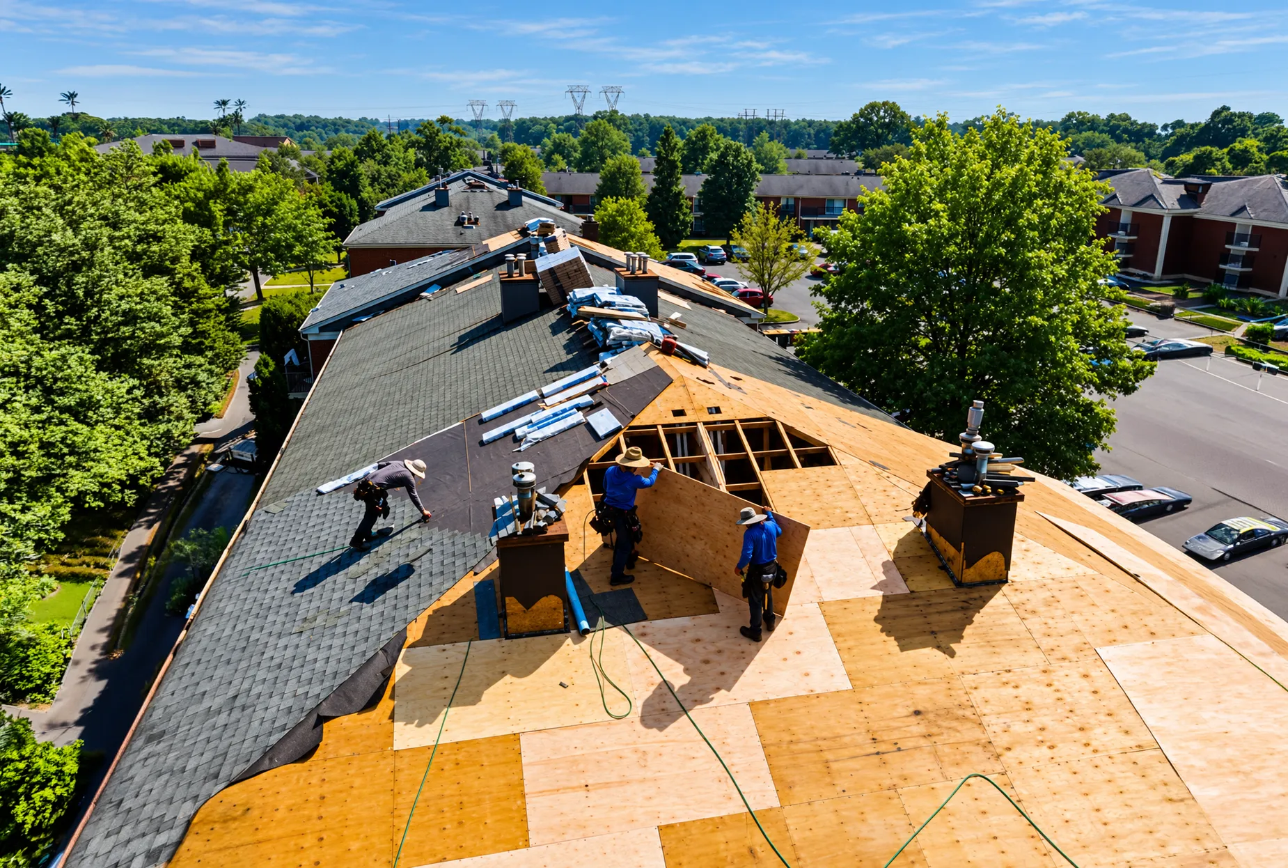 A roofing crew replacing the deck and shingles on a large building