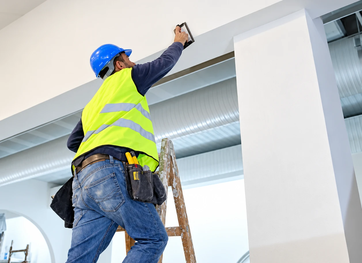 A worker in a hard hat and safety vest finishing an interior ceiling