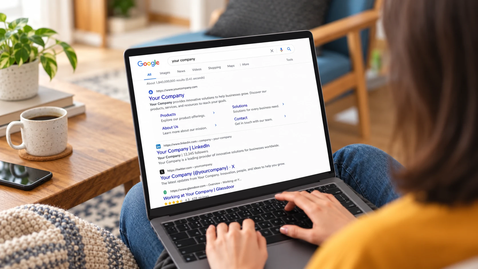 A person searching for a local business on Google on a laptop