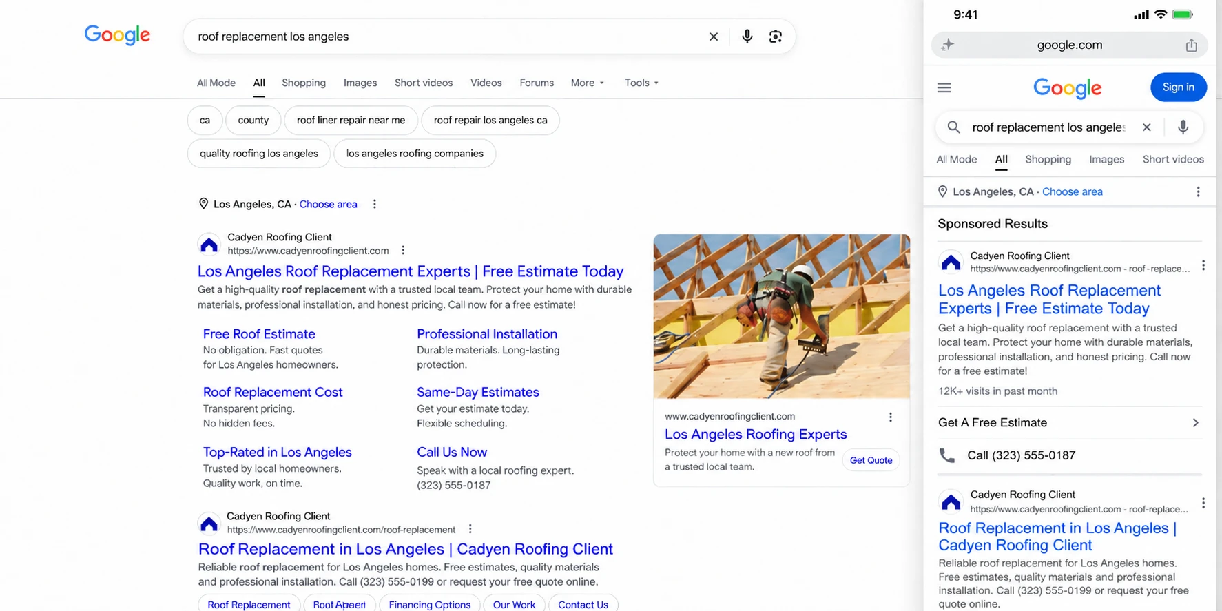Google search results showing a Cadyen roofing client ranked at the top for a local roof replacement search