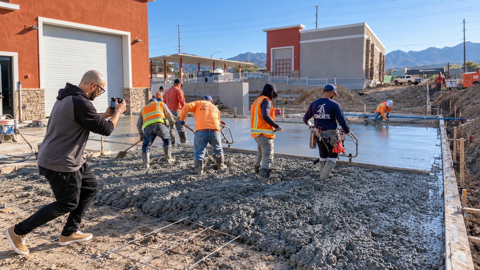 A Cadyen photographer filming a commercial concrete pour on a job site