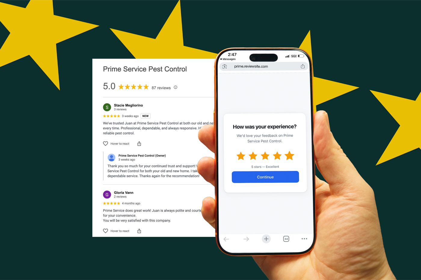 Hand holding a phone showing a 5-star review request, with a 5.0 Google reviews rating behind it